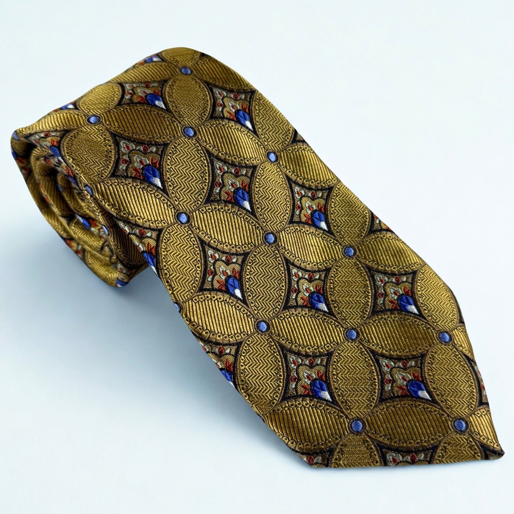 Jos A Bank Silk Tie‎ Mens OS Gold Geometric Signature Gold Hand Made USA